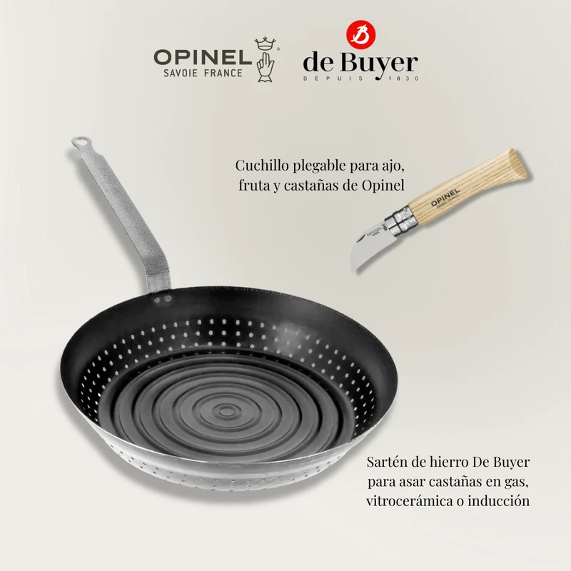 Pack sartén para castañas De Buyer y cuchillo para castañas Opinel