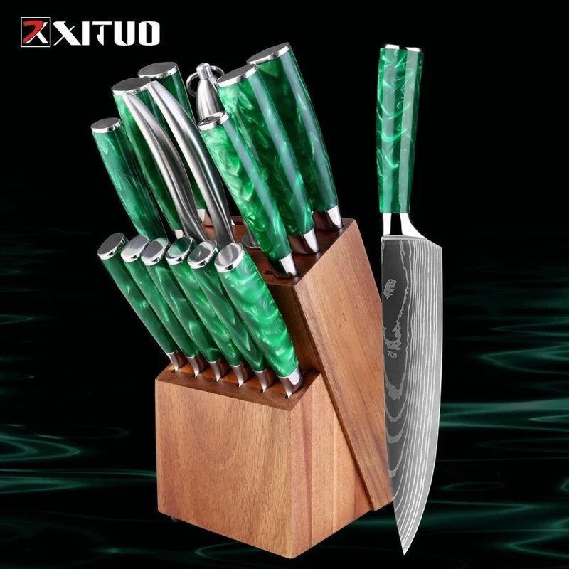 XITUO Japanisches großes Küchenmesser Set - Grün - mit Messerblock aus Holz (15-teilig)