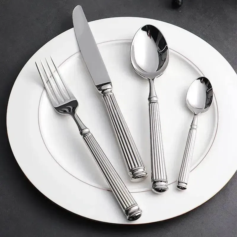 Luxuriöses Besteck Set mit Säulendesigngriff aus Edelstahl (Silber oder Gold)