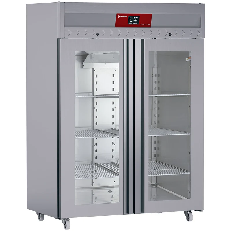 Tiefkühlschrank Edelstahl 1400 Liter, 2 Glastüren GN 2/1, Umluft, Auf Rädern - IE140/R9H-G