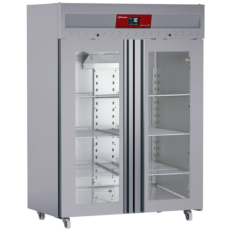 Edelstahlkühlschrank 1400 Liter 2 Glastüren GN 2/1, Auf Rädern - ID140/R9H-G