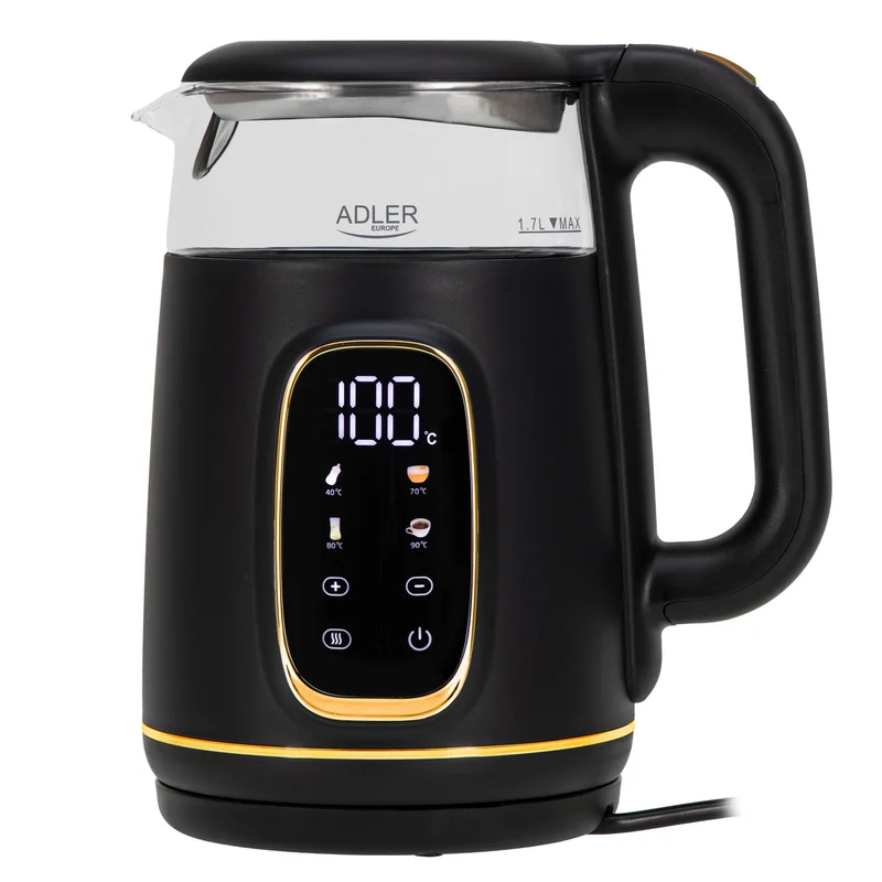 Adler AD 1305 BG black gold Wasserkocher Glas mit LED-Anzeige und Temperaturregelung 1,7L