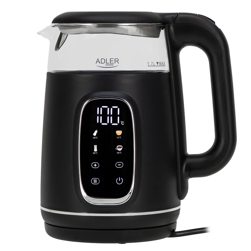 Adler AD 1305bs Wasserkocher Glas, LED-Anzeige, Temperaturreglung, 1,7L schwarz/silber 2200W