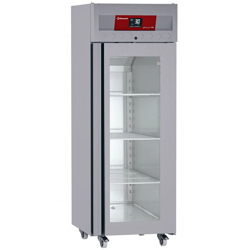 Edelstahlkühlschrank 700 Liter, 1 Glastür (GN 2/1), Auf Rädern - ID70/R9H-G