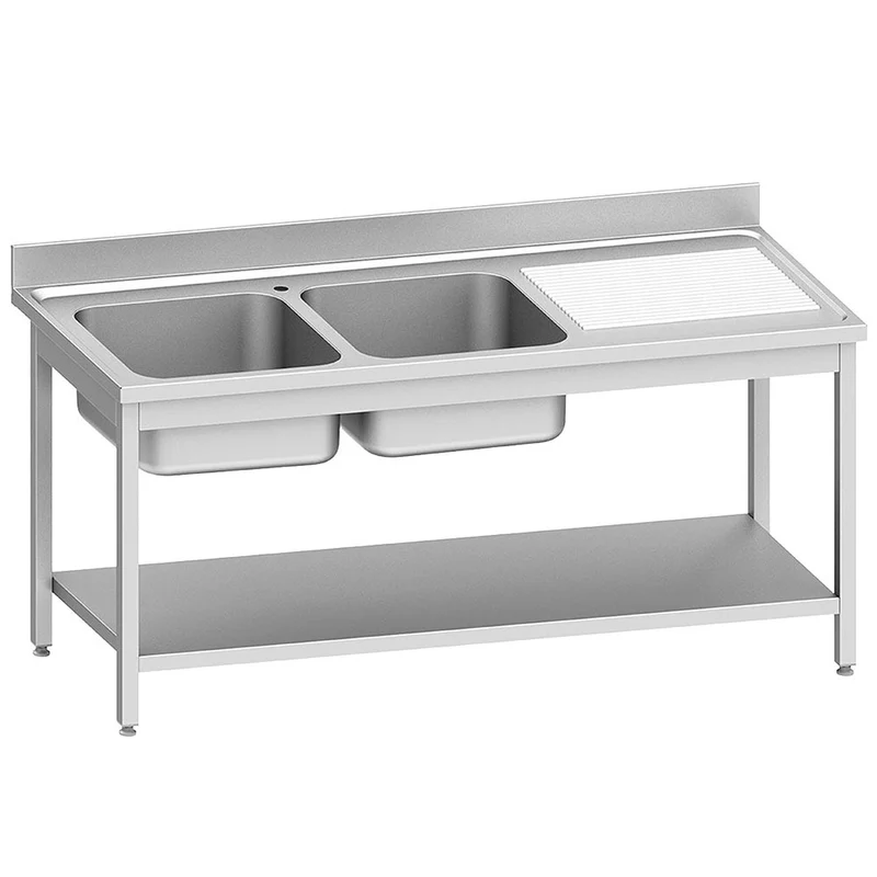 Edelstahl Spültisch ECO 2 Becken und rechtem Abtropffläche, mit unteres Regal - WR-E1C2-6DS