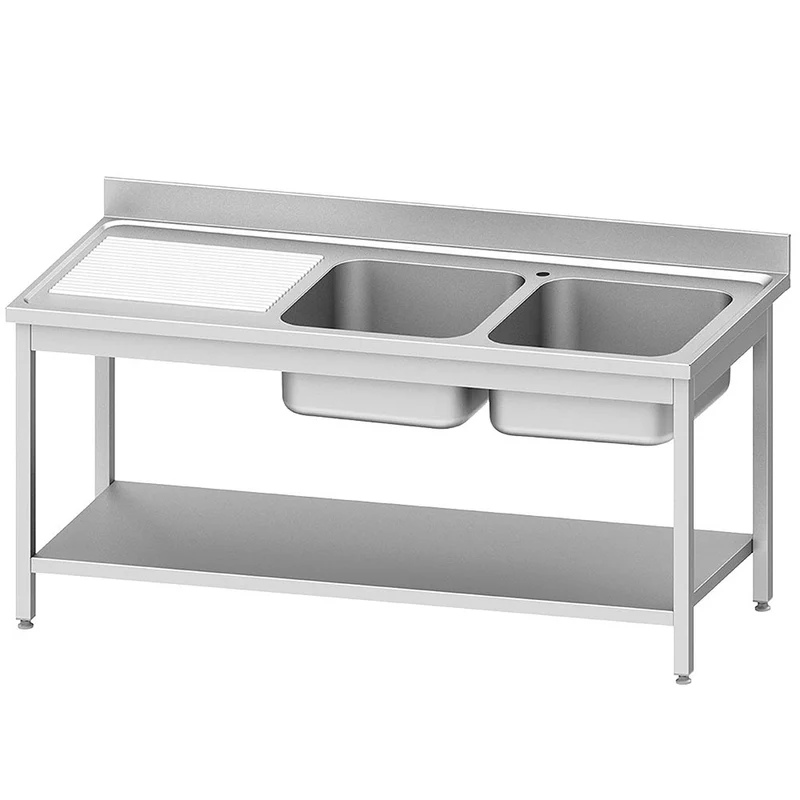 Edelstahl Spültisch ECO 2 Becken und linkem Abtropffläche, mit unteres Regal - WR-C2E1-6GS