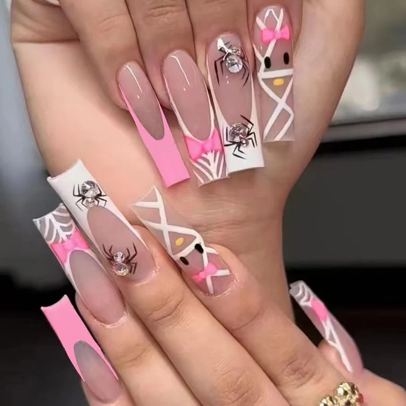 Künstlerische Press-On-Nagelerweiterungen mit Spinnen- und Schleifen-Design Karnz