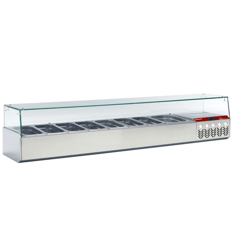 Kühlaufsatzvitrine für 8x GN 1/3 , 202 cm , Edelstahl mit Glasaufsatz, SY198G/PP9