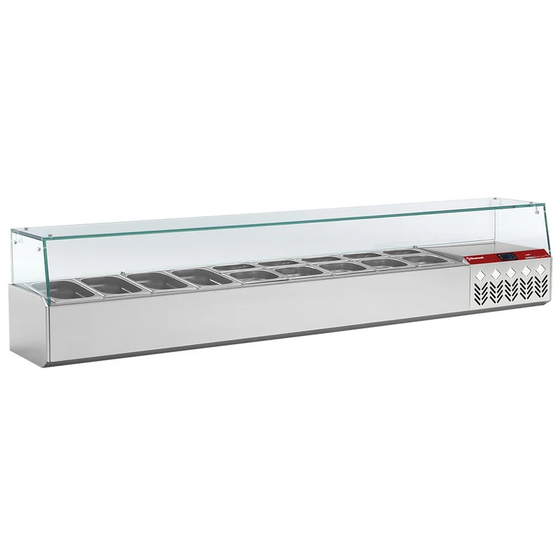 Professionelle Kühlaufsatzvitrine für 9 x GN 1/4 , 202 cm , Edelstahl, SX198G/PP9