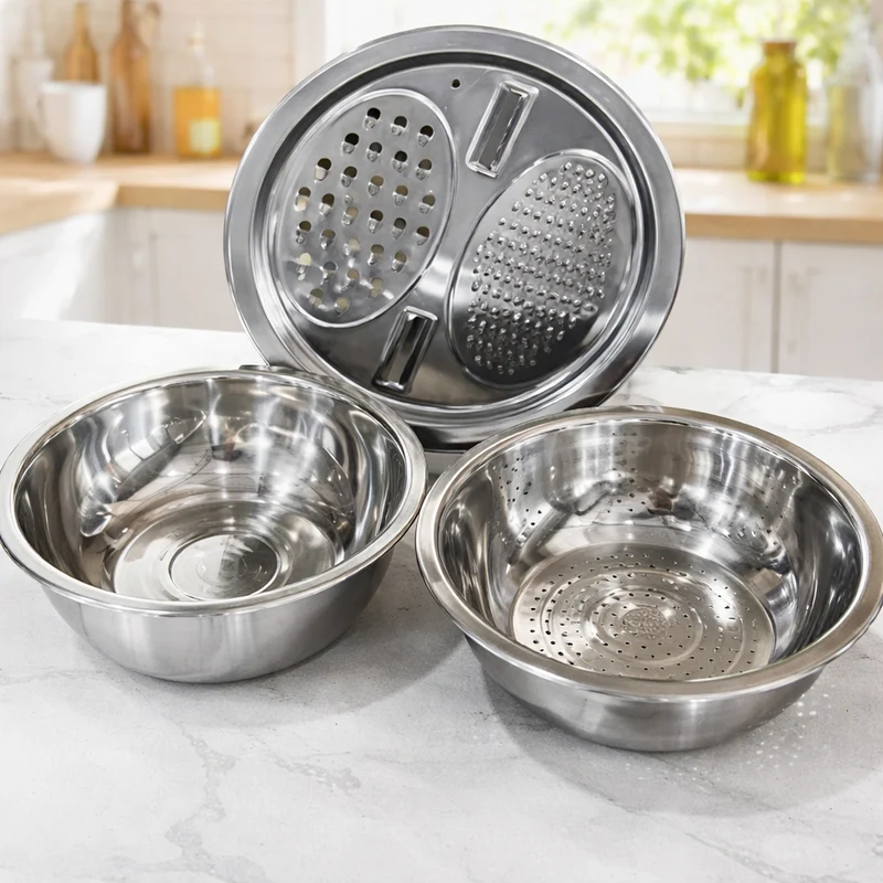 3-in-1 Rührschüssel-Set Edelstahl mit Reibe und Sieb | Karnz