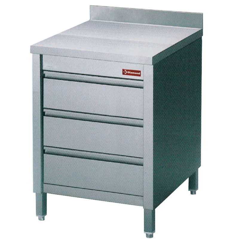 Edelstahl Arbeitsschrank 600x700 mm , 3x GN 1/1 Schubladen & Aufkantung, TACS67/B-D
