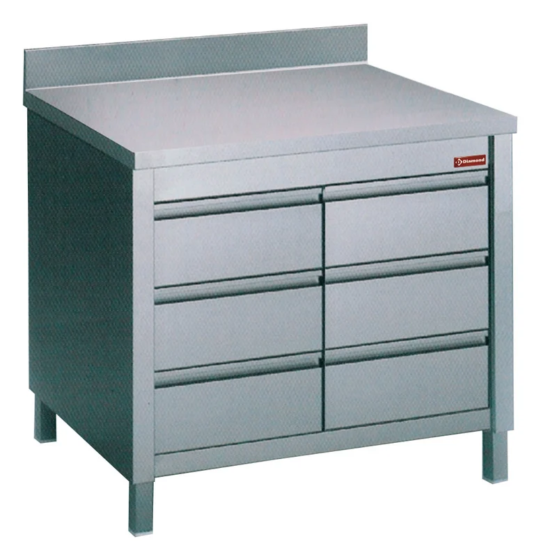 Edelstahl Arbeitsschrank mit 6 Schubladen GN 1/1 & Aufkantung , 100 cm breit, TACS107/U-D