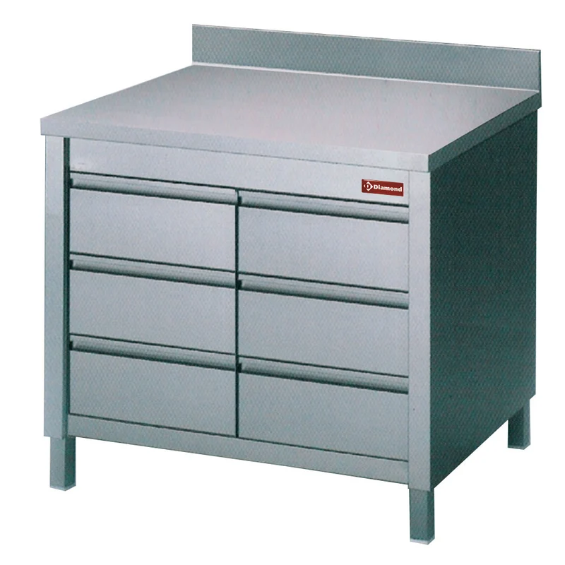 Edelstahl-Arbeitsschrank , 100 cm , 6 Schubladen GN 1/1 & Aufkantung, TACS107/B-D