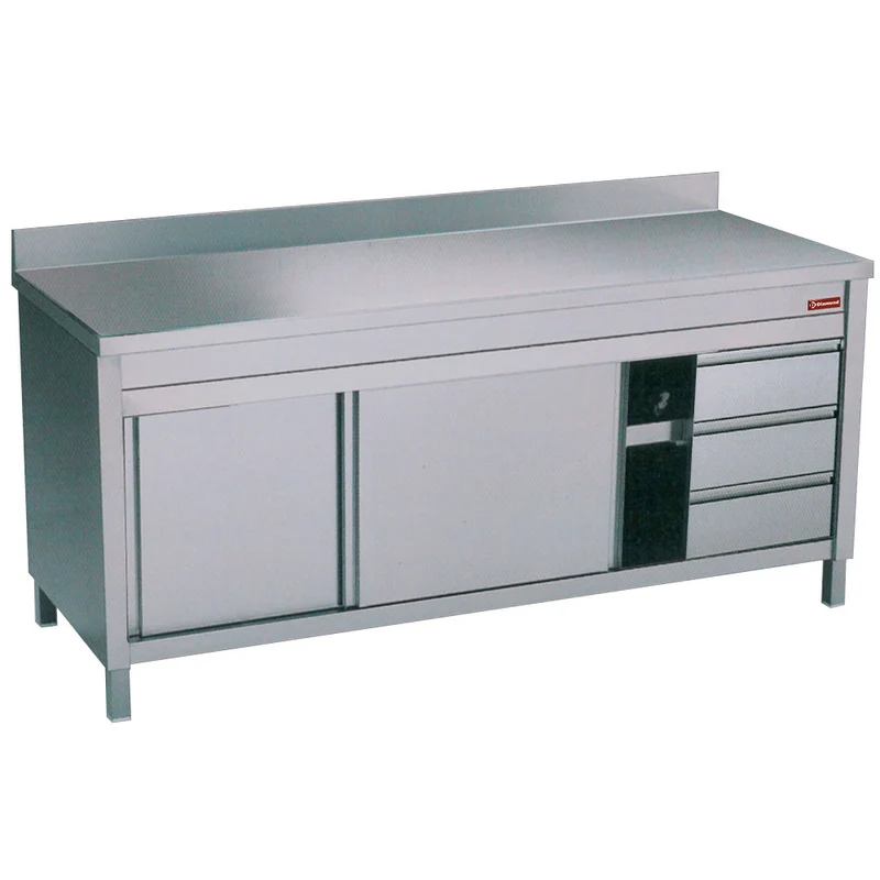 Arbeitsschrank mit Aufkantung, 3x GN 1/1 Schubladen & Schiebetüren - 160 x 70 cm, TA167CD/U-D