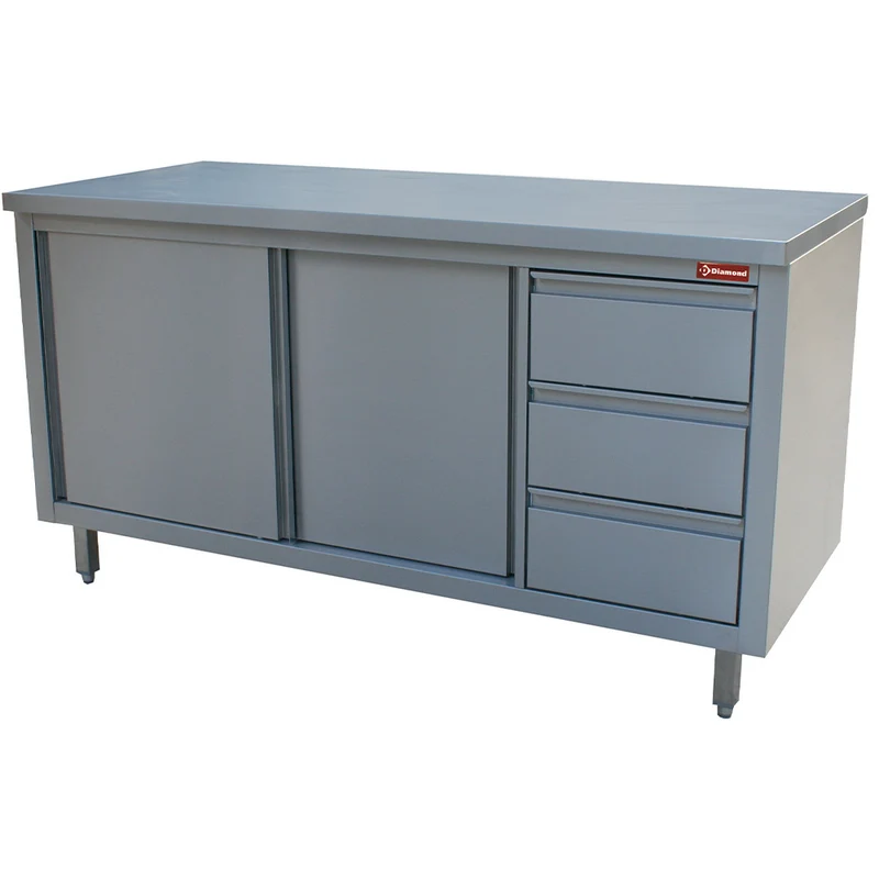 Edelstahl Arbeitsschrank 160 cm mit 3 Schubladen & Schiebetüren, TA167CD/B