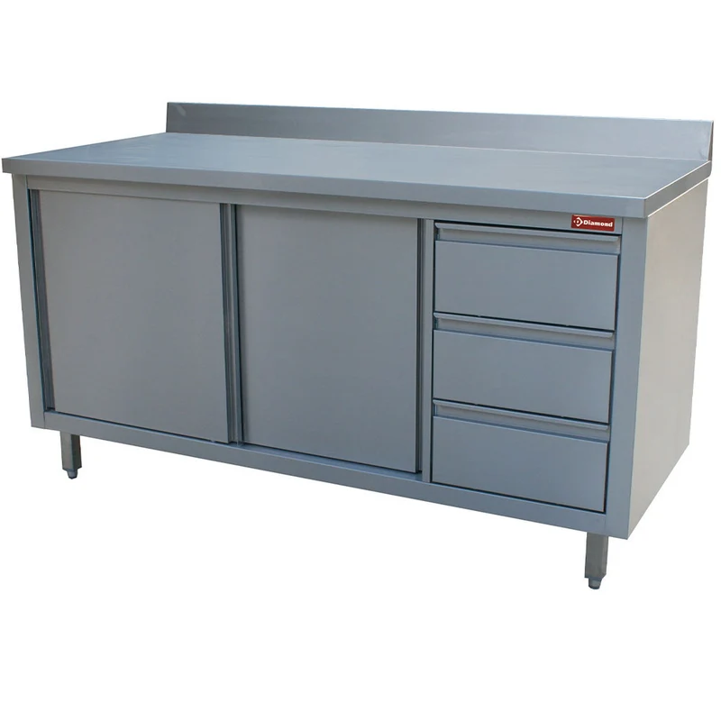 Edelstahl-Arbeitsschrank 160 cm , 2 Schiebetüren, 3 Schubladen & Aufkantung, TA167CD/B-D