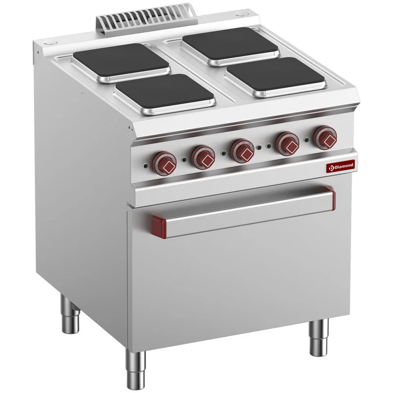 Gastro Elektro-Standherd , 4 Kochplatten , Elektro-Backofen GN 2/1 mit Grill , BxT: 700x700mm, E7/4PQF7-N