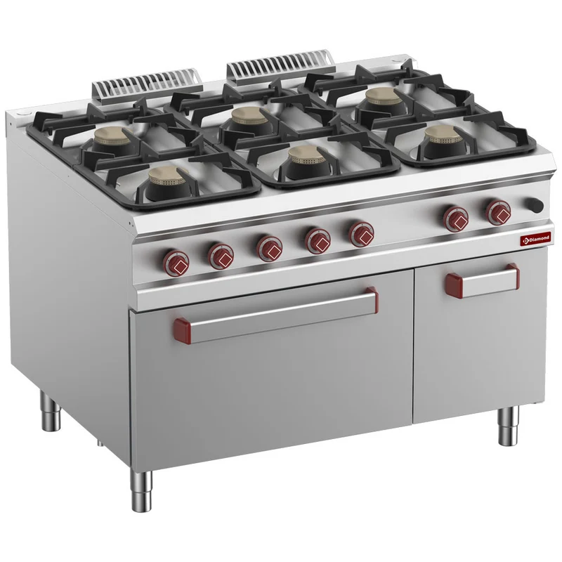 Profi Gasherd 6-flammig mit GN 2/1 Gasbackofen und Unterbau , 120 cm, G9/6BFA12-N