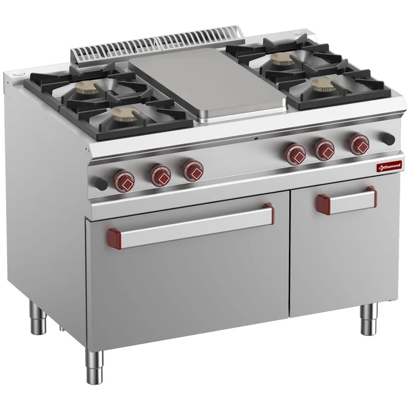 Profi Gasherd 700 , 4 Brenner, Glühplatte & GN 2/1 Gasbackofen, G7/TM4BFA11-N