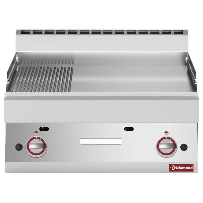 Gas-Bratplatte 700 mm , Tischgerät mit kombinierter Grillfläche (2/3 glatt, 1/3 gerillt), G65/PM7T-N