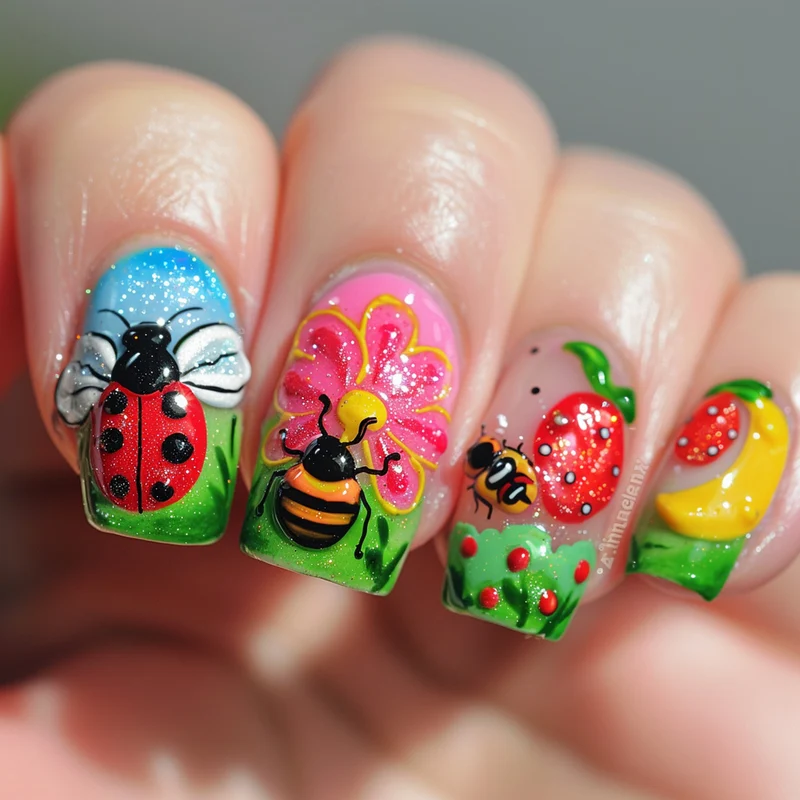 Kunstvolle Nail Art mit Insekten- und Blumenmotiven Karnz
