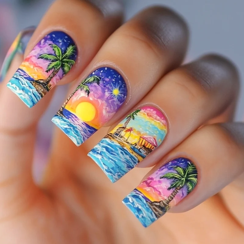 Kunstvolle Nagelkunst im tropischen Stranddesign Karnz