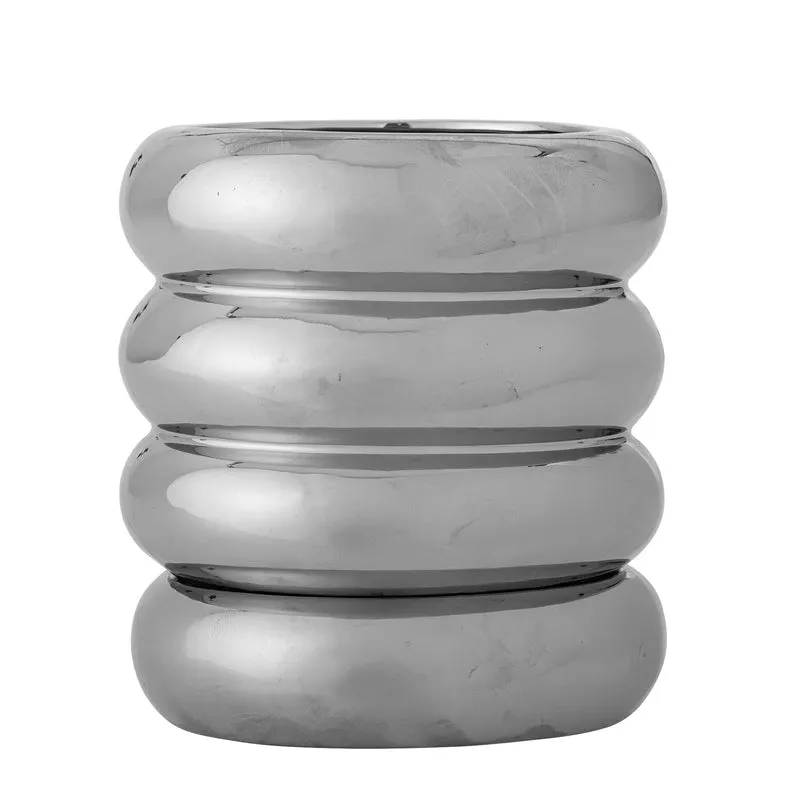 Shine Blumentopf mit Untertasse, Silber, Steingut
