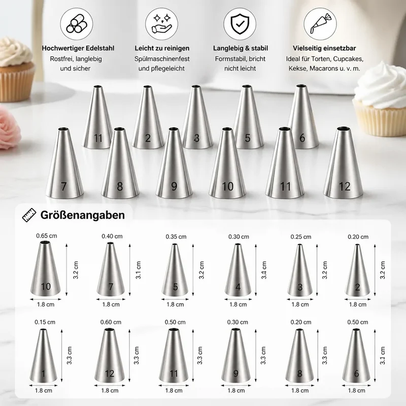 12-teiliges Spritztüllen-Set für Torten & Cupcakes
