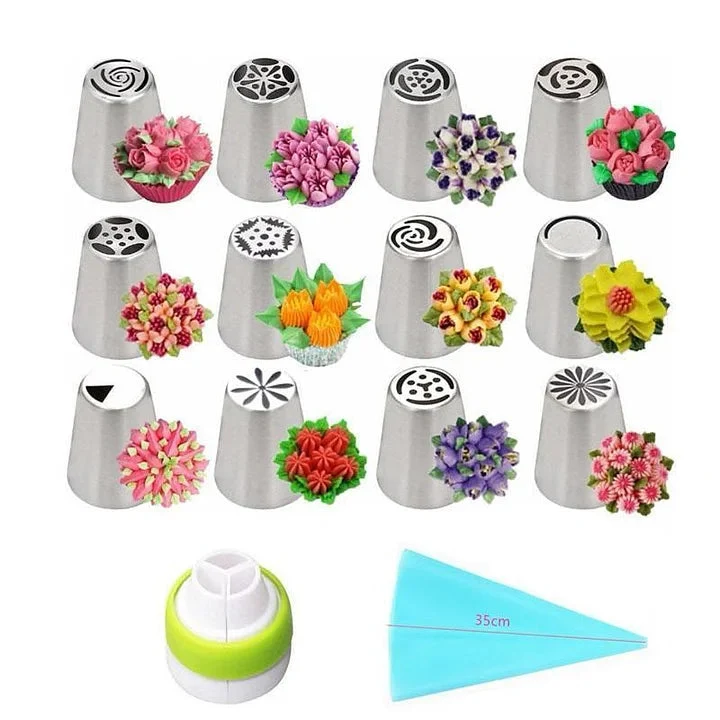 Tulpen-Spritztüllen-Set 12 Stück mit Silikonspritzbeutel
