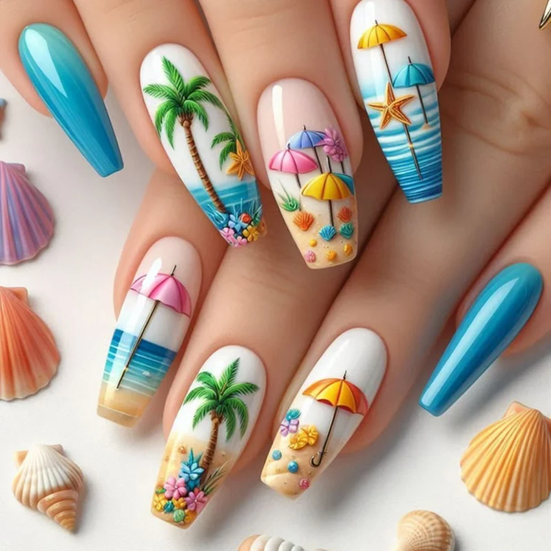 Tropisch vom Strand inspiriertes Nagelkunstverlängerungen Karnz