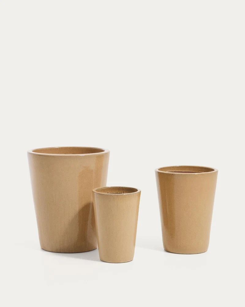 Rotja 3er Set Blumentöpfe aus Terrakotta mit beigem Glasurfinish Ø 26 / 35 / 47 cm