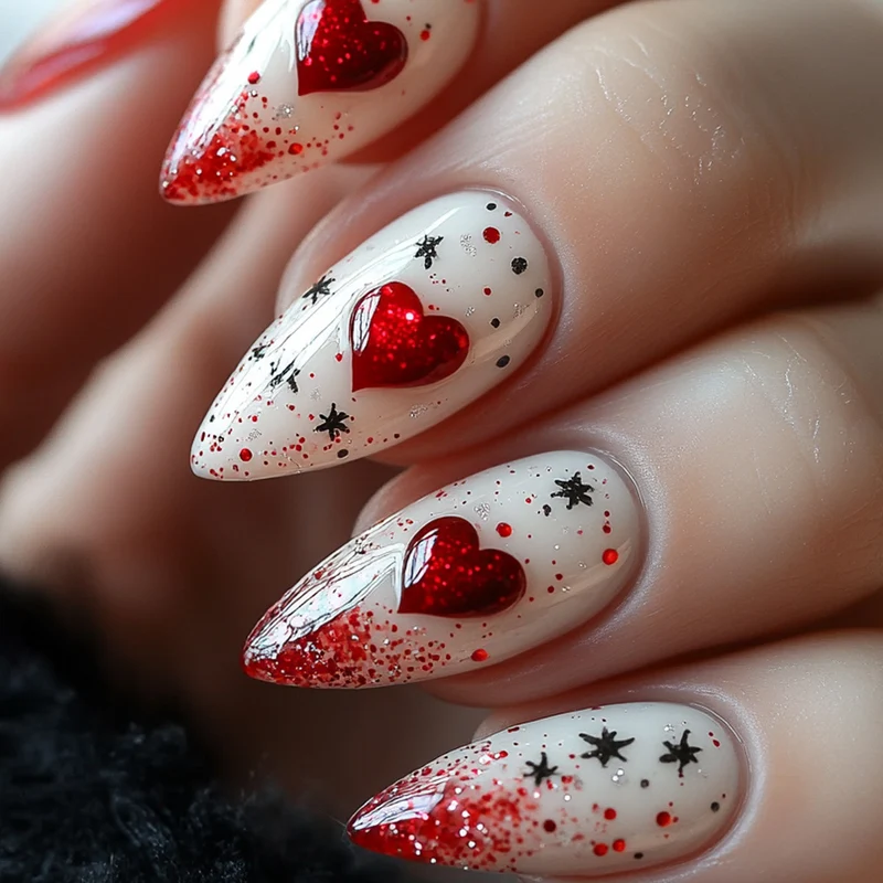 Stiletto-Nagelkunstverlängerungen mit Herz- und Glitzermuster Karnz