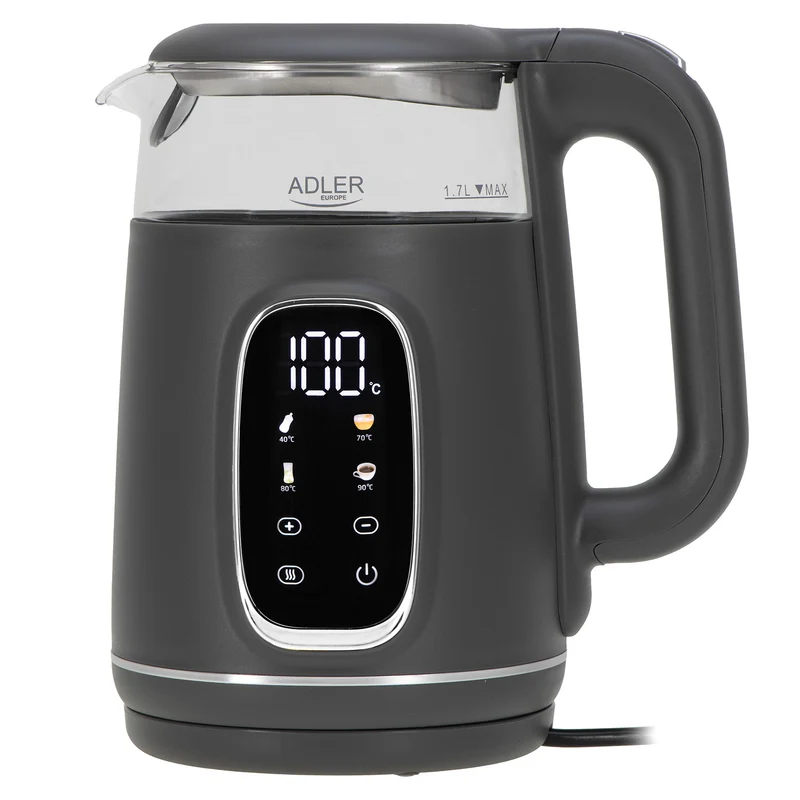 Adler AD 1305gs Wasserkocher Glas, LED-Anzeige, Temperaturreglung, 1,7L grau/silber 2200W