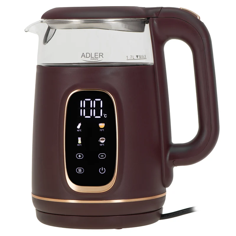 Adler AD 1305bu Wasserkocher Glas, LED-Anzeige, Temperaturreglung, 1,7L burgund/gold 2200W