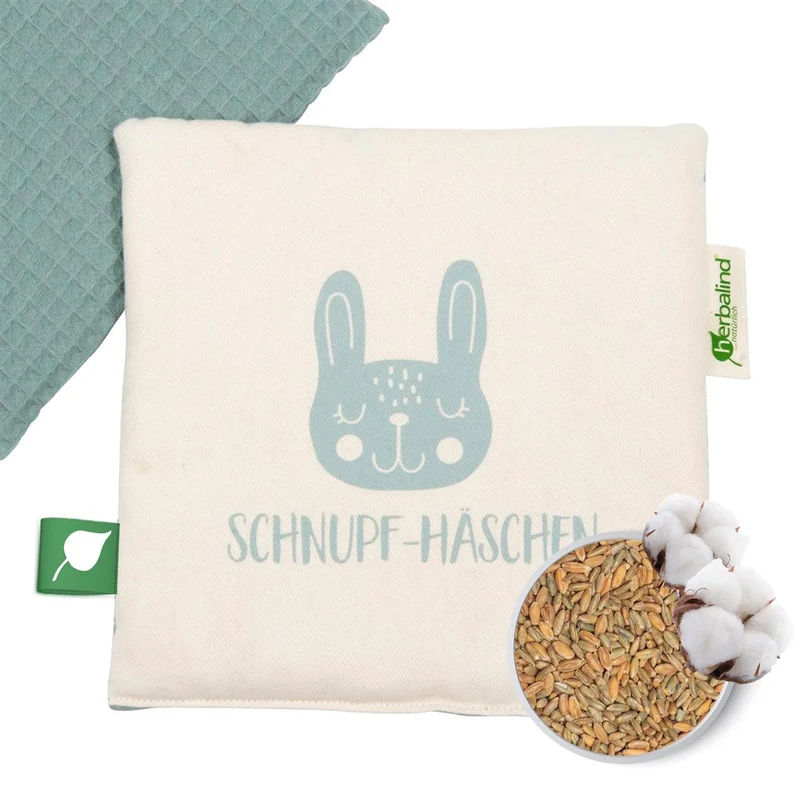 Körnerkissen Kinderkissen mit Minze 19x19cm, "Schnupf-Häschen", Waffel-Pique Petrol
