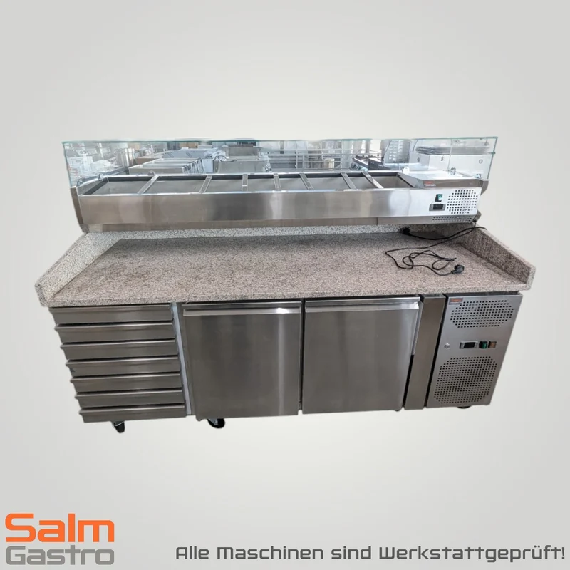 SkyRainbow Pizza Kühltisch mit 2 Türen Granit rosa grau mit 7 ungek. Schubladen 230V