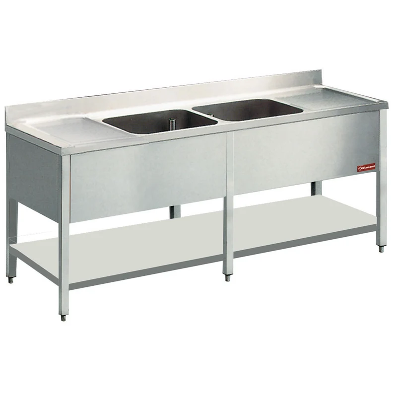 Gastro Doppelspültisch mit 2 Becken & 2 Abtropfflächen , 220 cm breit, L2221-D