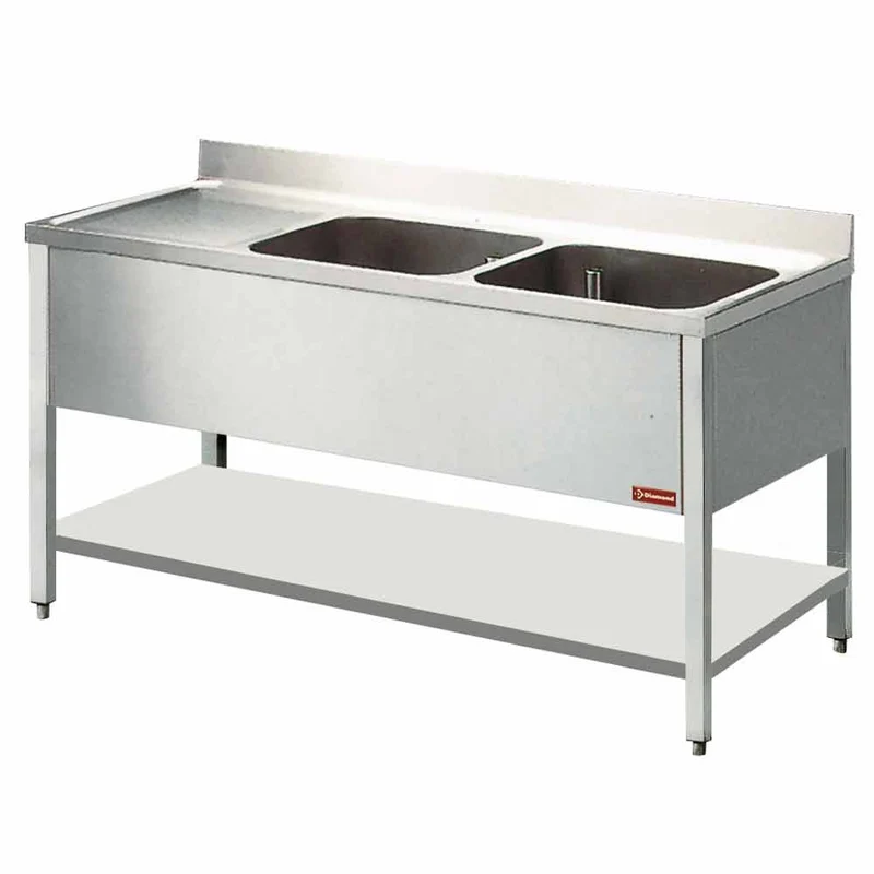 Profi Edelstahl-Spültisch 140cm , 2 Becken & Abtropffläche, L1421S/6-D