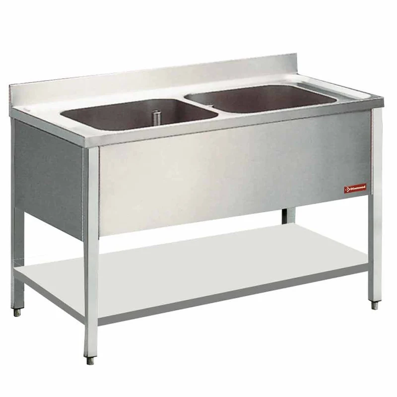 Gastro Doppelspültisch aus Edelstahl , 2 Becken & Abtropffläche , 140 cm Breite, L1421-D