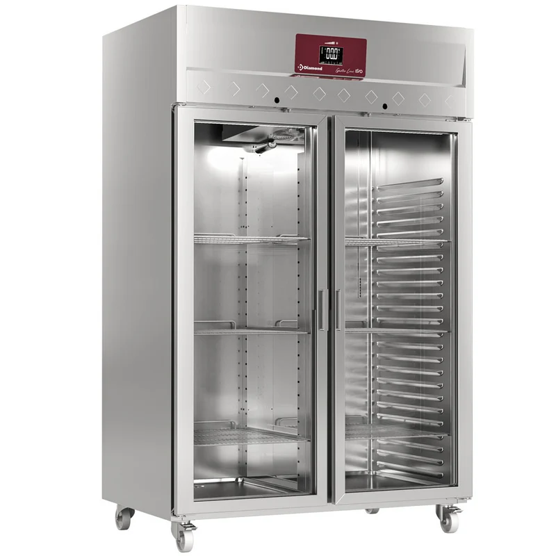 Edelstahlkühlschrank 1400L , 2 Glastüren , GN 2/1 , fahrbar, ID140/R9G