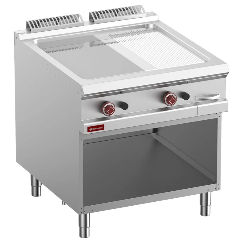 Gas-Griddleplatte 800 mm , 2/3 glatt & 1/3 gerillt , mit offenem Unterbau, G9/PMCA8-N