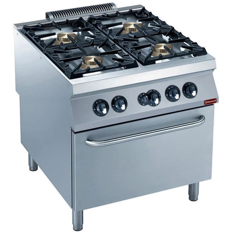 Profi Gasherd mit 4 Starkbrennern und GN 2/1 Gasbackofen, G22/4BF8PW-N