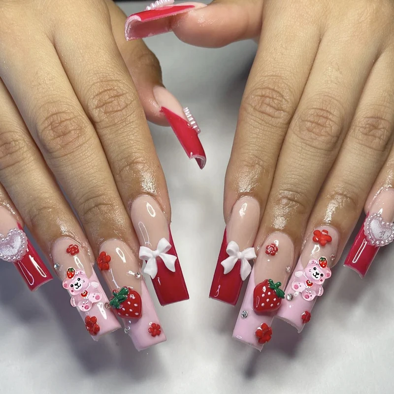 Kreative 3D Erdbeere und Schleifen Nagelkunst Verlängerungen Karnz