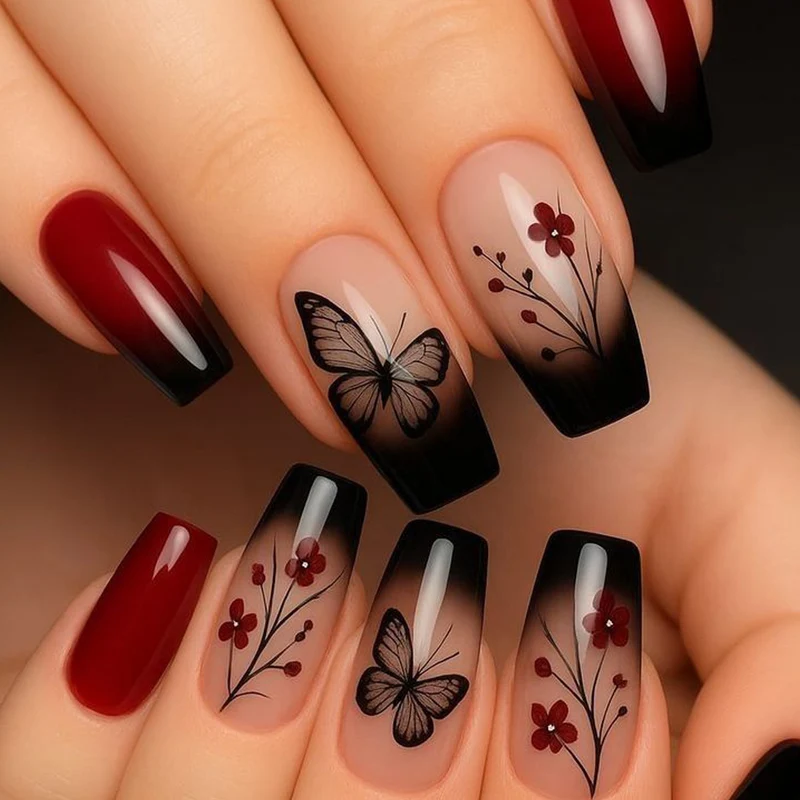 Künstlerische 3D Blumen- und Schmetterlings-Nagelverlängerungen Karnz