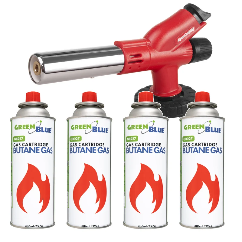 Alpen Camping-Kartuschenbrenner, Flammentemperatur 1300 °C, piezoelektrische Zündung, Flammenregulierung, ETNA + 4x 227-g-Gaskartusche GreenBlue. Zertifikat: Pi 0875, entspricht der Norm EN 417