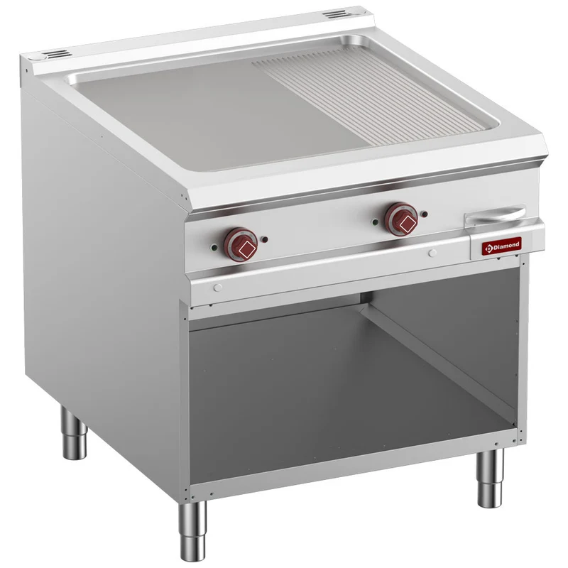 Elektro-Grillplatte 80cm , 2/3 glatt & 1/3 gerillt , Standgerät mit offenem Unterbau, E9/PMA8-N