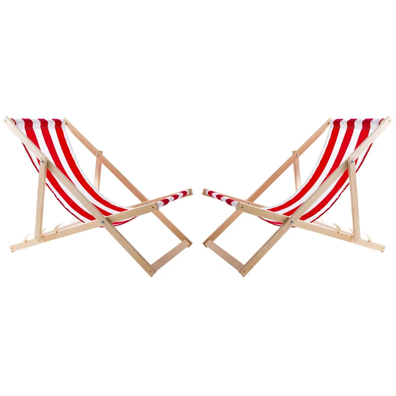 2 bequeme Liegestühle aus Holz, rote Streifen, ideal für den Strand, Balkon, Terrasse, montiert