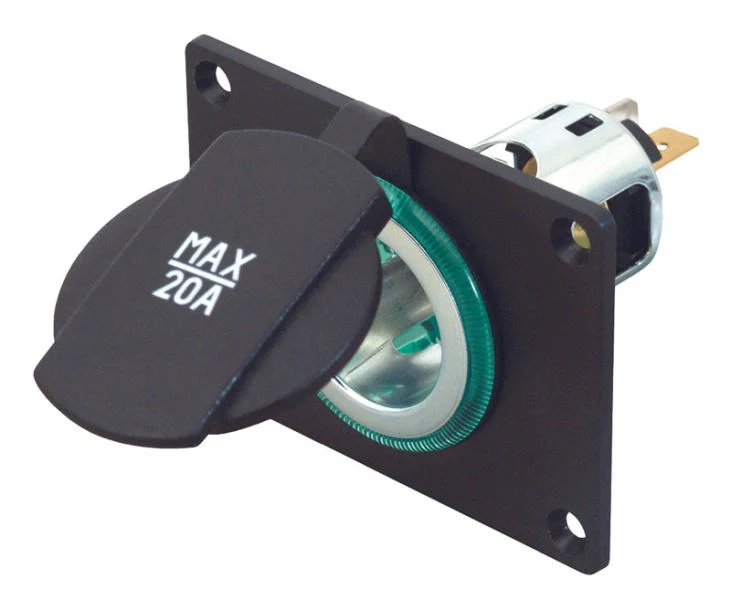Powersteckdose 12,24 V mit Montageplatte – bis 20 A, mit Schutzdeckel