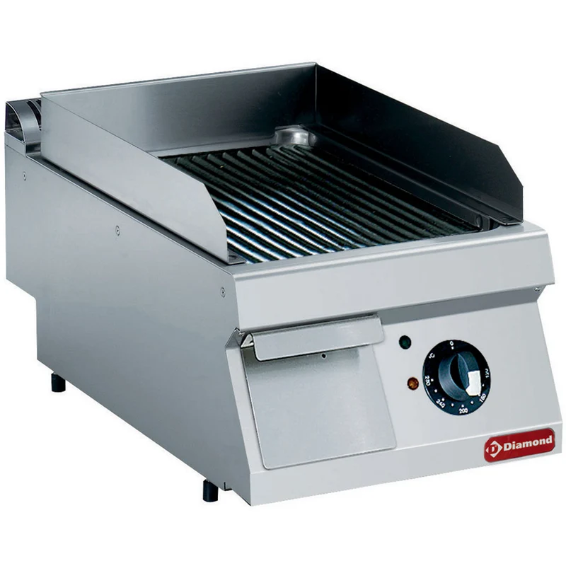Profi Elektro-Grillplatte gerillt , 400 mm Tischgerät aus Edelstahl, E17/PR4T-230/3--NE
