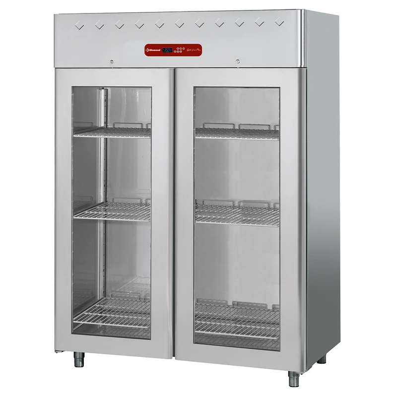 Gastro-Edelstahlkühlschrank 1400L , 2 Glastüren , GN 2/1 , Umluftkühlung, AD2N/H2G-R2